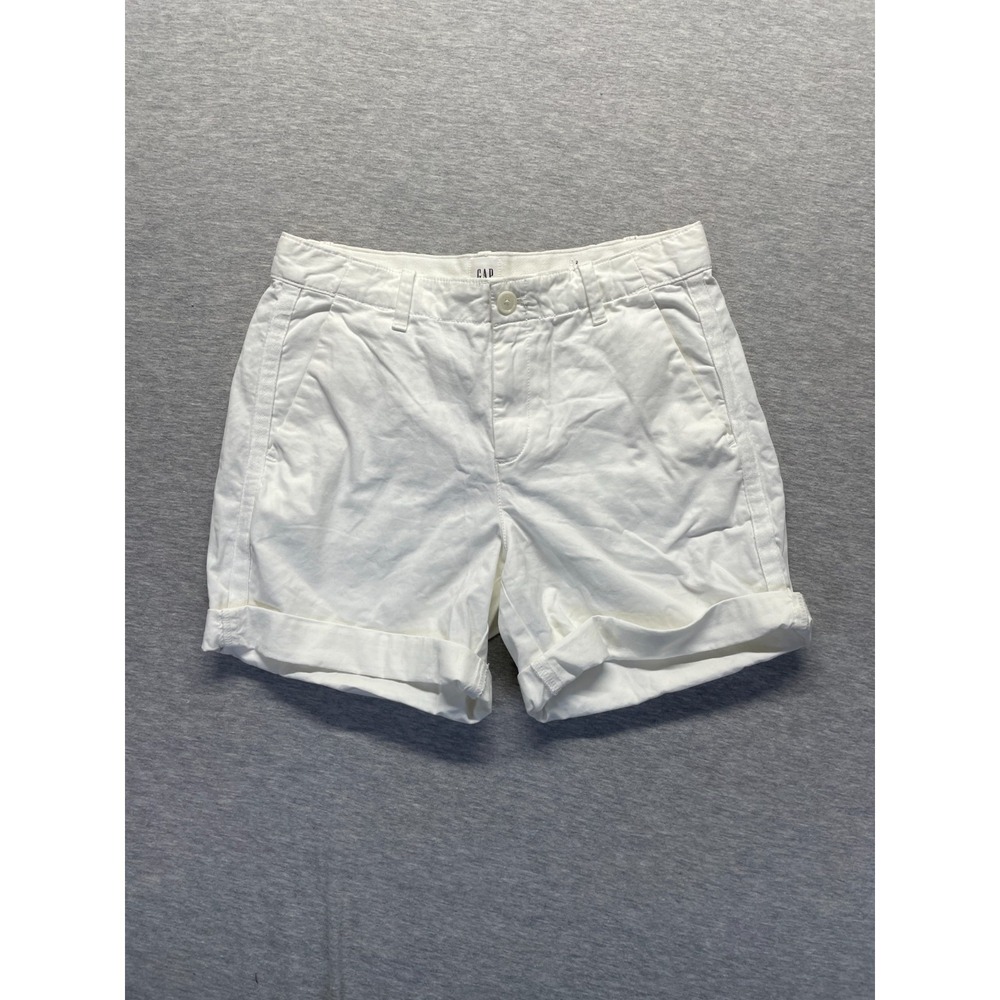 Gap Girlfriend Chino Shorts Women 2 White Cotton Belted Cuffed Hem Slash Pockets